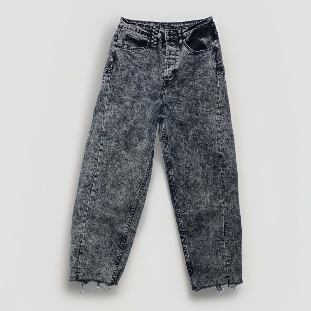 Y2K Aqua Acid Wash Black Jeans Womens 27 High Waist Vintage Mom Jeans Raw Hem